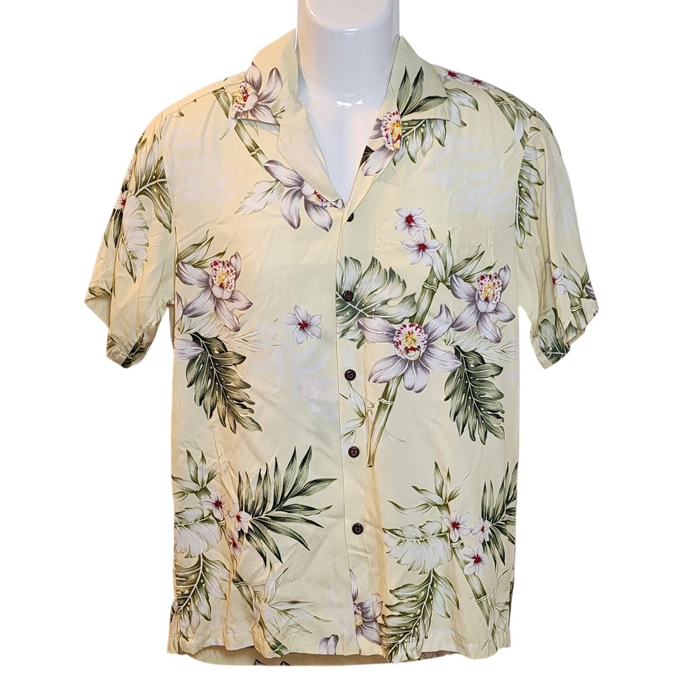 Winnie Fashion Hawaiian Shirt Small Cream Orchid Floral Rayon Made in Hawaii Vtg